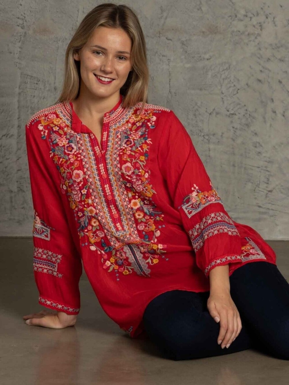Johnny Was Bethanie Embroidered Tunic strawberry Red Top Women’s Sz XL Floral
